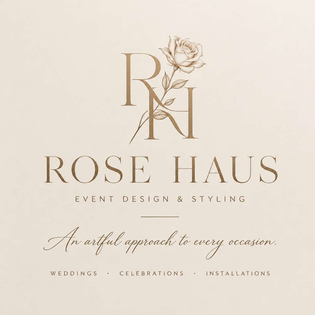 Original Rose Haus Event Design and Styling gold rose monogram and tagline: An artful approach to every occasion